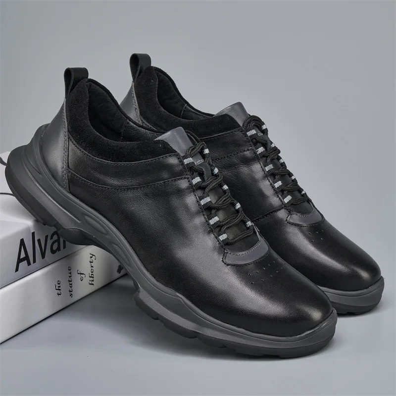 Men's Genuine Leather Casual Shoes Round Toe Lace-up Light Weight Spring Rubber Outsole EVA Midsole Mesh Lining