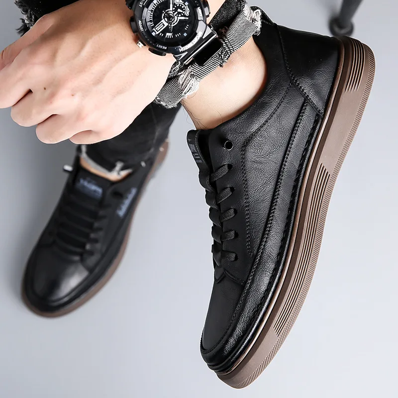 Men's Genuine Cow Leather Slip-On Casual Shoes Round Toe Breathable Mesh Lining Rubber Outsole Solid Walking Style