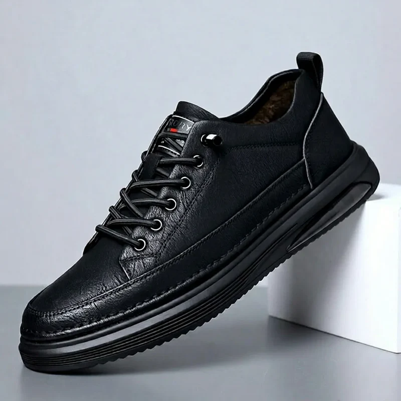 Men's Genuine Leather Lace-up Chunky Shoes Round Toe Plush Lining Breathable Rubber Outsole Spring Casual Sneakers