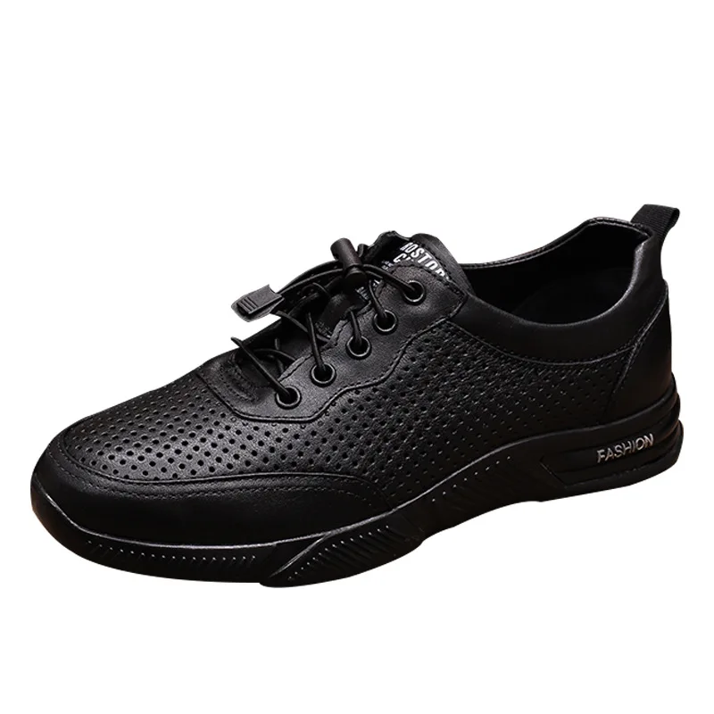 Genuine Leather Lace-up Men's Boat Shoes Round Toe Breathable Solid Summer Casual Rubber Outsole EVA Midsole Shoe Tongue Logo
