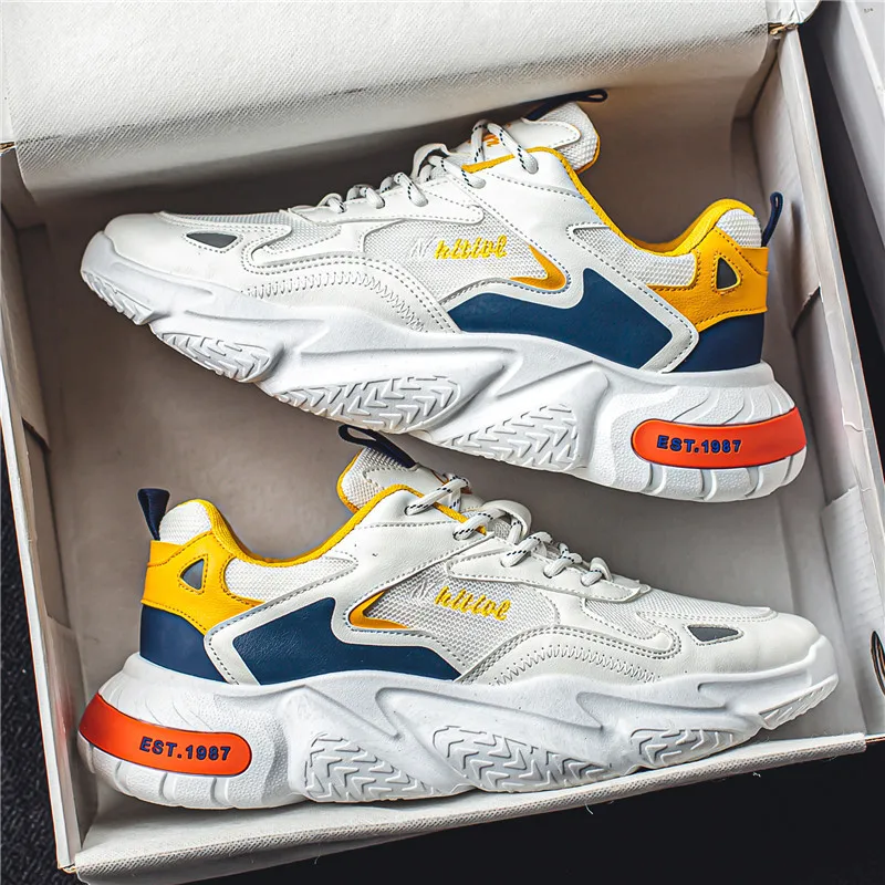 Chunky Shoes Men Spring Mesh Lace-Up Sporty Toe Mixed Colors Breathable Rubber Outsole Silkscreen Logo White Yellow Blue Orange