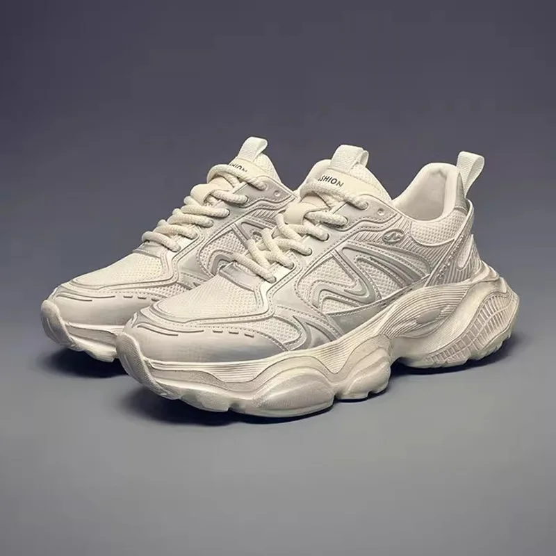 Empire Chunky Shoes Men Retro Solid Color Toe Lace-Up Mesh Lining Rubber Outsole Height Increasing Casual Sneakers Embossed Shoe
