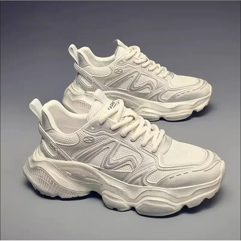 Empire Chunky Shoes Men Retro Solid Color Toe Lace-Up Mesh Lining Rubber Outsole Height Increasing Casual Sneakers Embossed Shoe