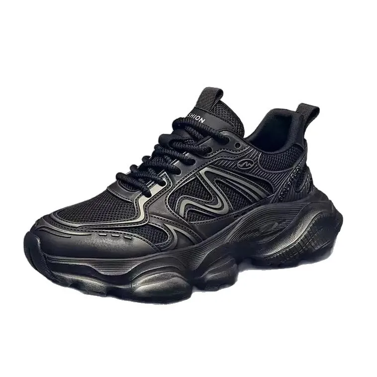 Empire Chunky Shoes Men Retro Solid Color Toe Lace-Up Mesh Lining Rubber Outsole Height Increasing Casual Sneakers Embossed Shoe