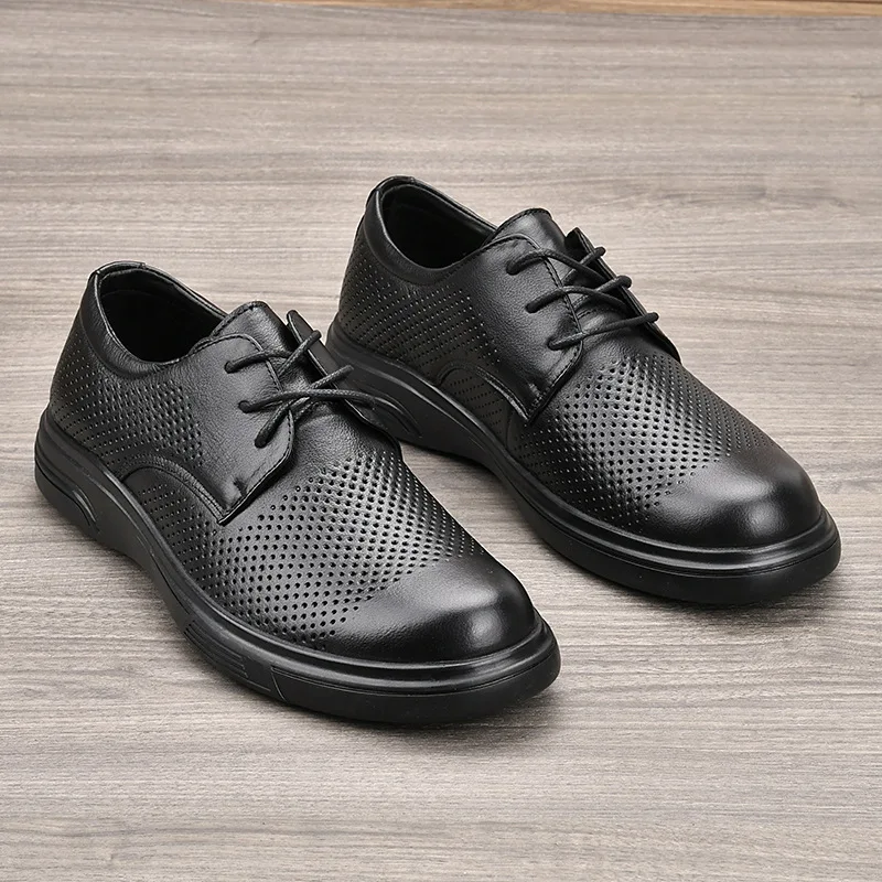 Men Summer Breathable Cow Leather Lace-up Round Toe Boat Shoes Solid Color Rubber Outsole EVA Midsole