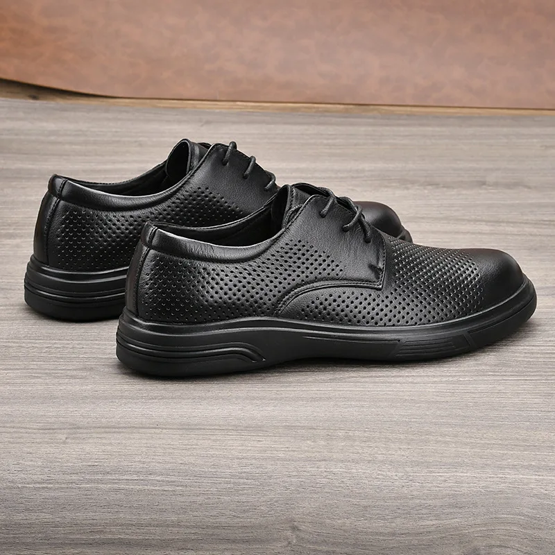 Men Summer Breathable Cow Leather Lace-up Round Toe Boat Shoes Solid Color Rubber Outsole EVA Midsole