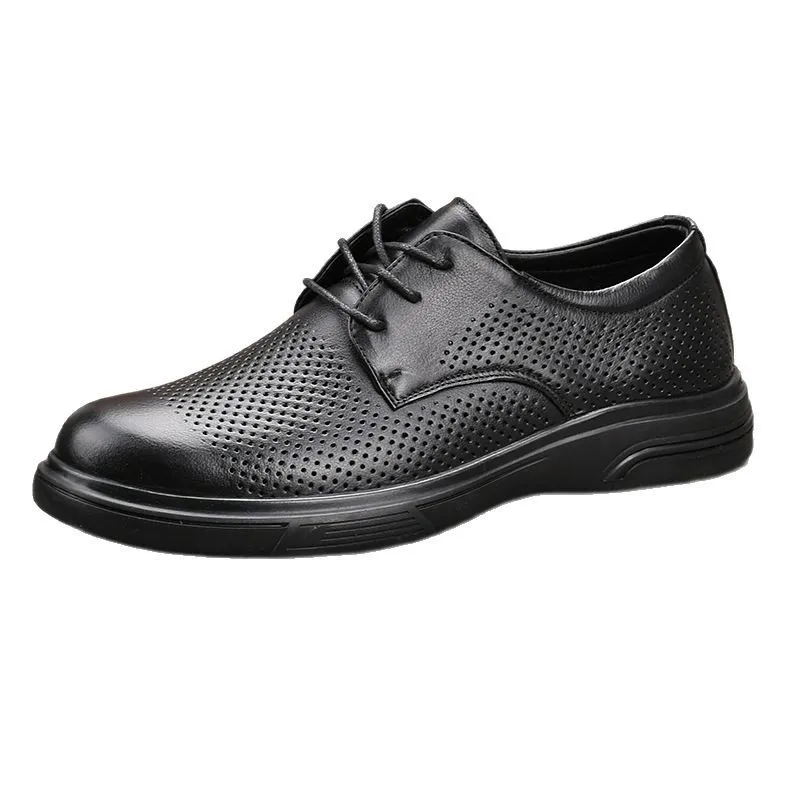 Men Summer Breathable Cow Leather Lace-up Round Toe Boat Shoes Solid Color Rubber Outsole EVA Midsole