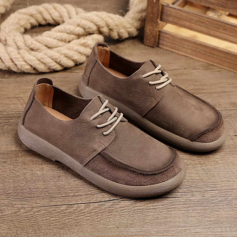 Toe Men's Genuine Leather Shoes Lace-up Breathable Retro Walking Style Casual Rubber Outsole Solid Pattern Cow Leather Upper