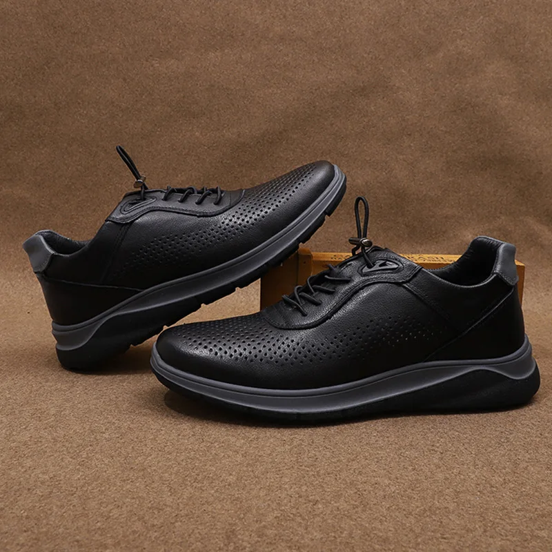 Men's Breathable Genuine Leather Walking Shoes Round Toe Lace-up Rubber Outsole Mesh Lining Summer Casual Shoes