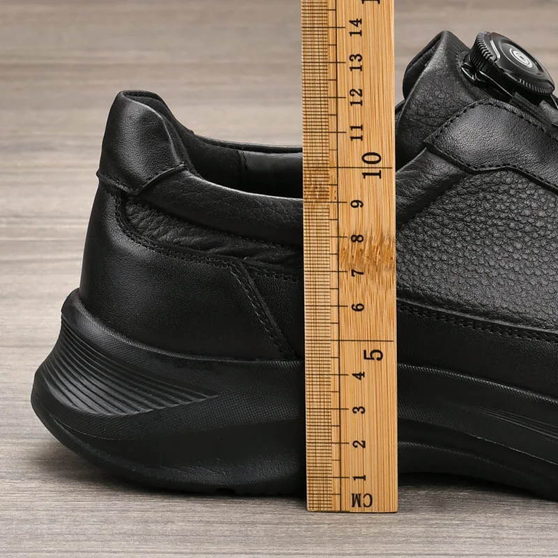 Men's Genuine Cow Leather Round Toe Walking Shoes With Buckle Anti Slippery Low Heel Rubber Outsole Solid Color Casual