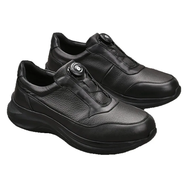 Men's Genuine Cow Leather Round Toe Walking Shoes With Buckle Anti Slippery Low Heel Rubber Outsole Solid Color Casual