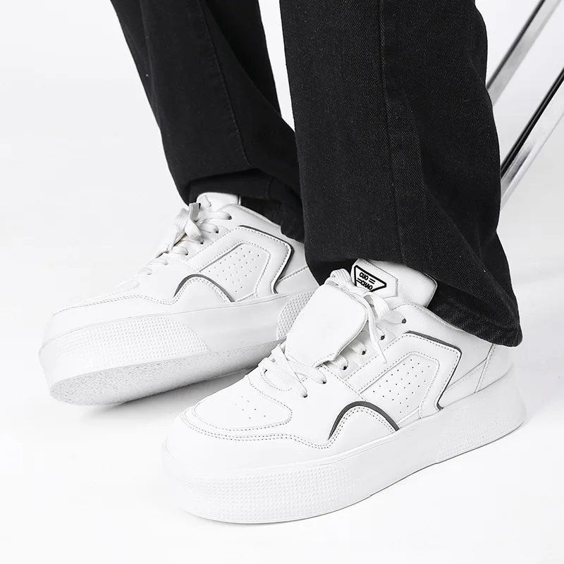 Devise White Men's Platform Sneakers Low Heel Lace-up Synthetic Upper PU Lining Rubber Outsole Comfort Walking Size 46 47