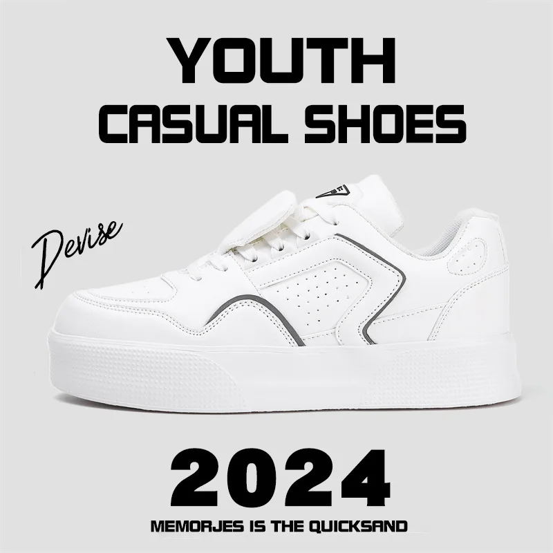 Devise White Men's Platform Sneakers Low Heel Lace-up Synthetic Upper PU Lining Rubber Outsole Comfort Walking Size 46 47