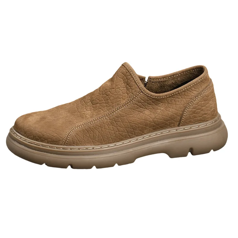 Men's Genuine Cow Leather Slip-On Toe Casual Shoes Breathable Cotton Fabric Rubber Outsole Walking Style Comfortable Lightweight