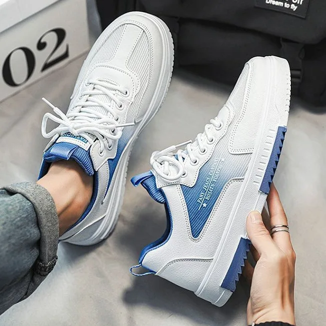 Men's White Sneakers Versatile Breathable Mesh Casual Sports Shoes Height-Increasing Walking Style Lace-Up for Summer
