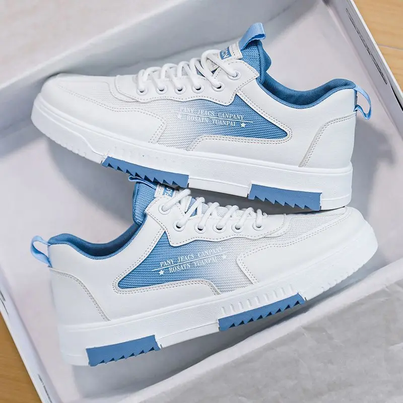 Men's White Sneakers Versatile Breathable Mesh Casual Sports Shoes Height-Increasing Walking Style Lace-Up for Summer