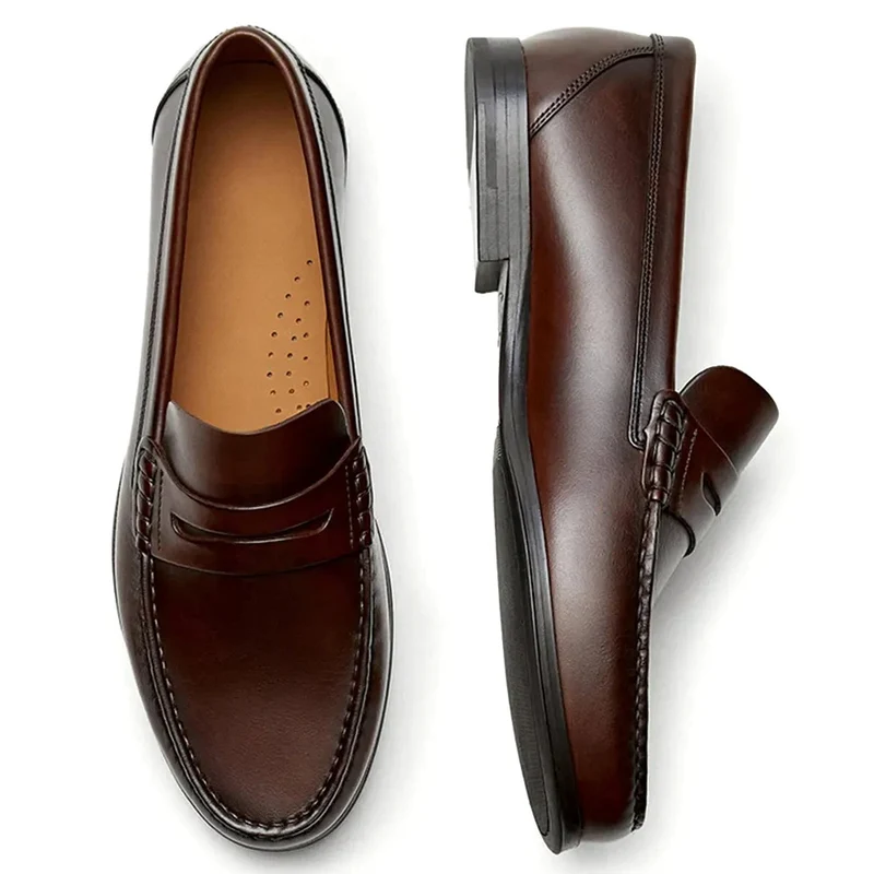 Vintage Calf Leather Men's Loafer Shoes High Quality Handmade Wear-Resistant Brown Pure Leather Casual Shoes