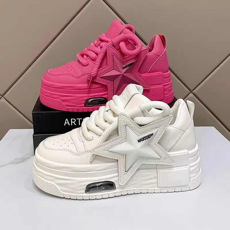 Leather Pink Chunky Sneakers Platform Lace-up Casual Shoes Women's Outdoor Walking Shoes