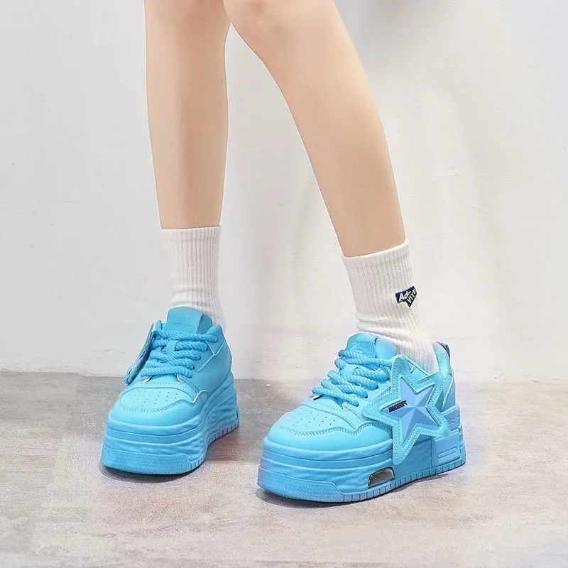 Leather Pink Chunky Sneakers Platform Lace-up Casual Shoes Women's Outdoor Walking Shoes