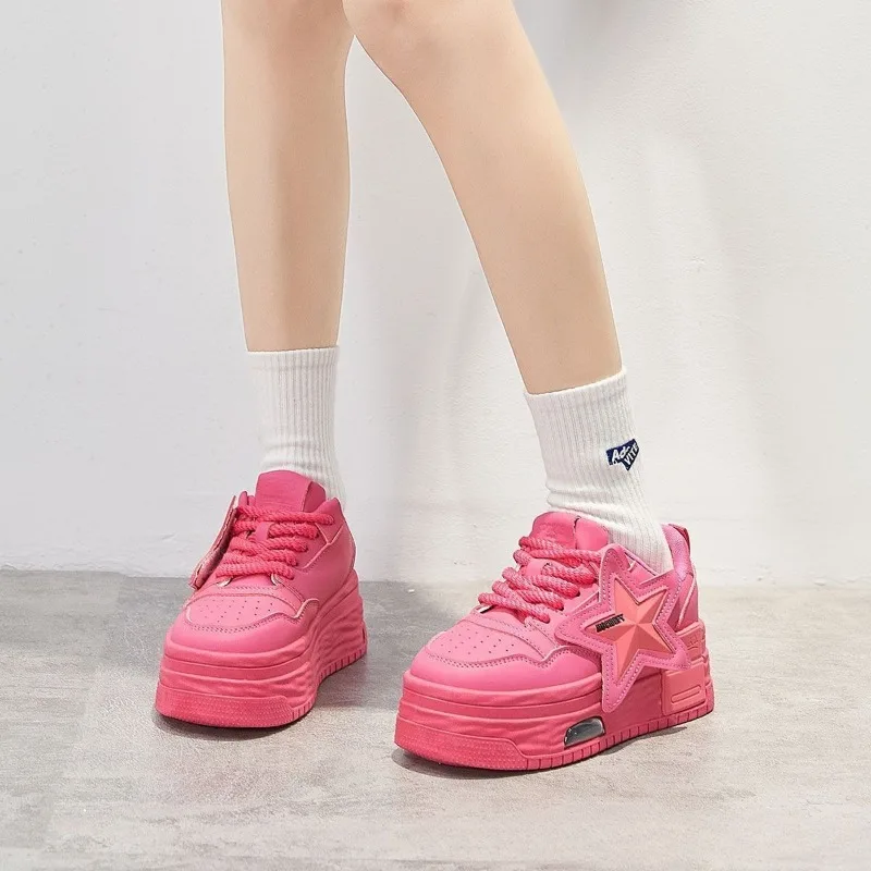 Leather Pink Chunky Sneakers Platform Lace-up Casual Shoes Women's Outdoor Walking Shoes