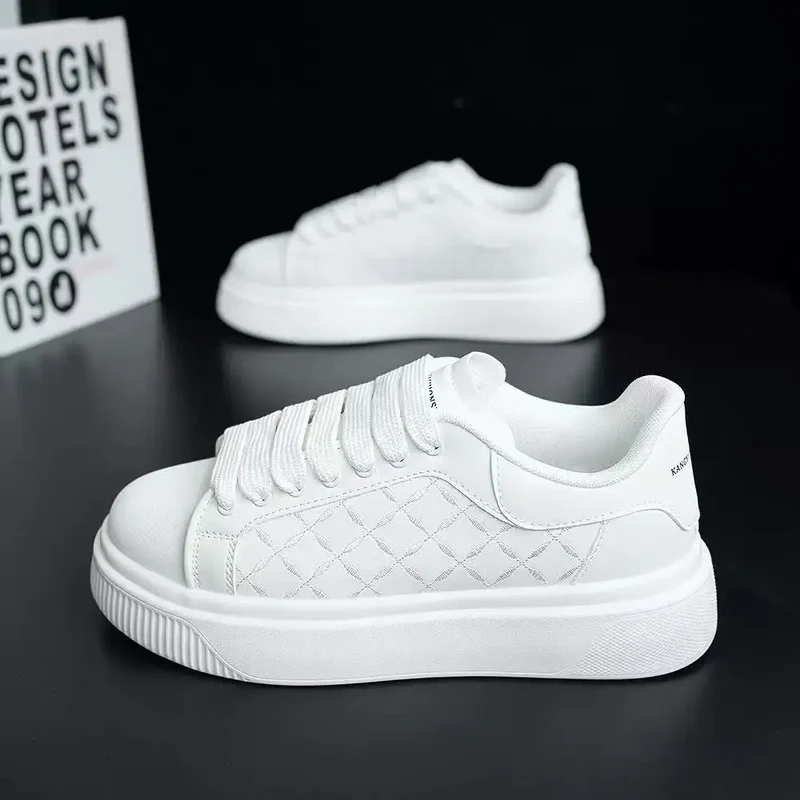 Men's White Sneakers Inside Elevating Couple Board Shoes Leather Casual Trainers