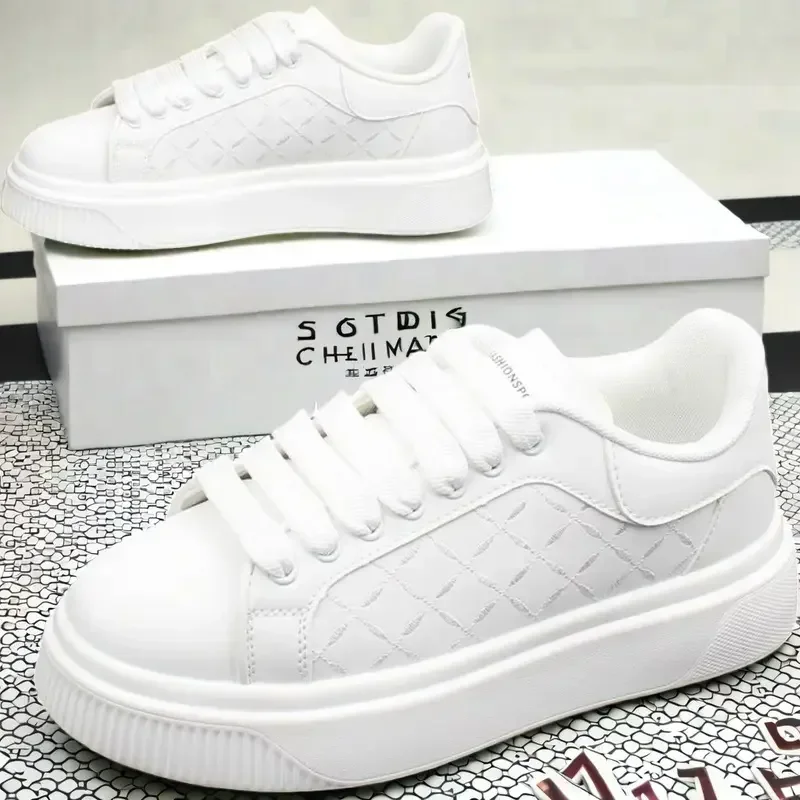 Men's White Sneakers Inside Elevating Couple Board Shoes Leather Casual Trainers