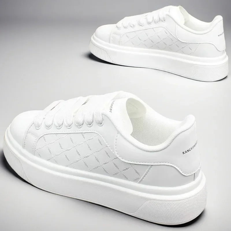 Men's White Sneakers Inside Elevating Couple Board Shoes Leather Casual Trainers