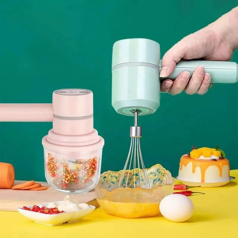 USB Rechargeable 3-in-1 Mini Portable Electric Kitchen Hand Mixer Wireless Garlic Chopper Cordless Whisk for Car Cordless