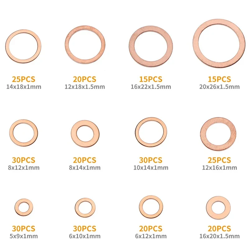 280pcs Copper Washers Copper Sealing Washer 12 Sizes Assorted Solid Copper Crush Washers Seal Flat Ring Set with Case