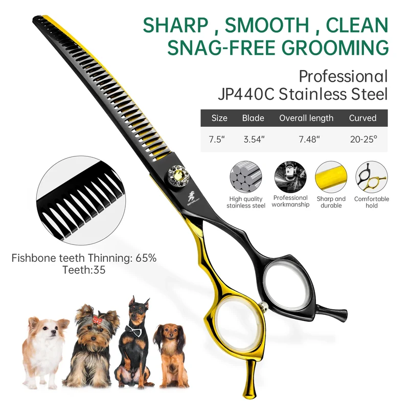 7.5inch Black&Gold Japan 440c Curved Fishbone/Dense Scissors Paint Shaped Scissors Pet Grooming Veterinary Scissors PT-173