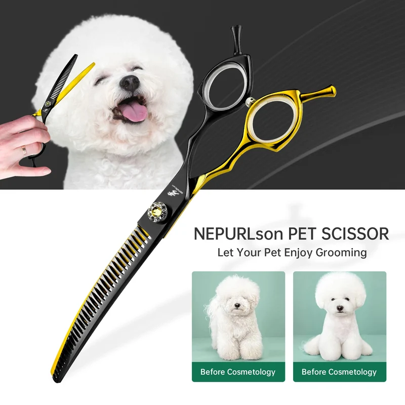 7.5inch Black&Gold Japan 440c Curved Fishbone/Dense Scissors Paint Shaped Scissors Pet Grooming Veterinary Scissors PT-173