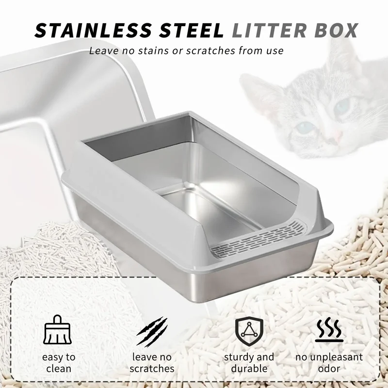 Stainless Steel Semi-closed Rectangular Cat Litter Box with Top-in Lid Anti-splash High Fence Pet Cleaning