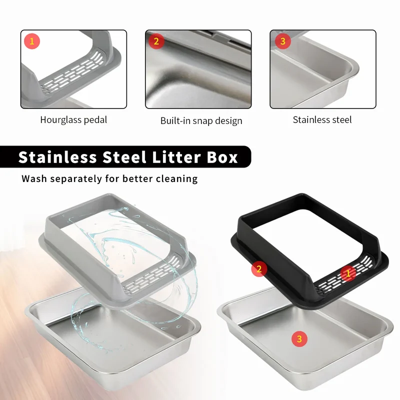 Stainless Steel Semi-closed Rectangular Cat Litter Box with Top-in Lid Anti-splash High Fence Pet Cleaning