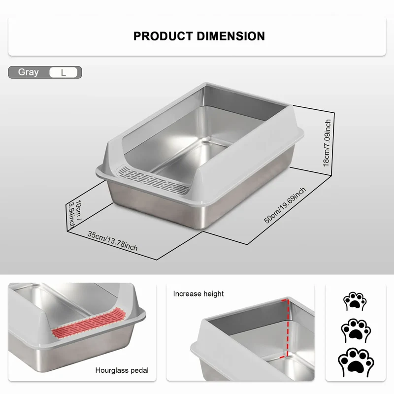 Stainless Steel Semi-closed Rectangular Cat Litter Box with Top-in Lid Anti-splash High Fence Pet Cleaning