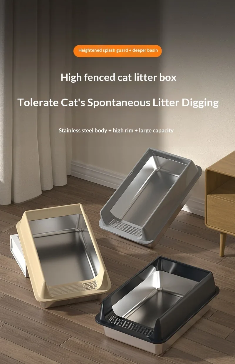 Stainless Steel Semi-closed Rectangular Cat Litter Box with Top-in Lid Anti-splash High Fence Pet Cleaning