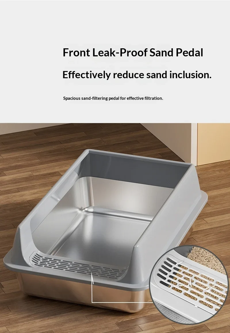 Stainless Steel Semi-closed Rectangular Cat Litter Box with Top-in Lid Anti-splash High Fence Pet Cleaning