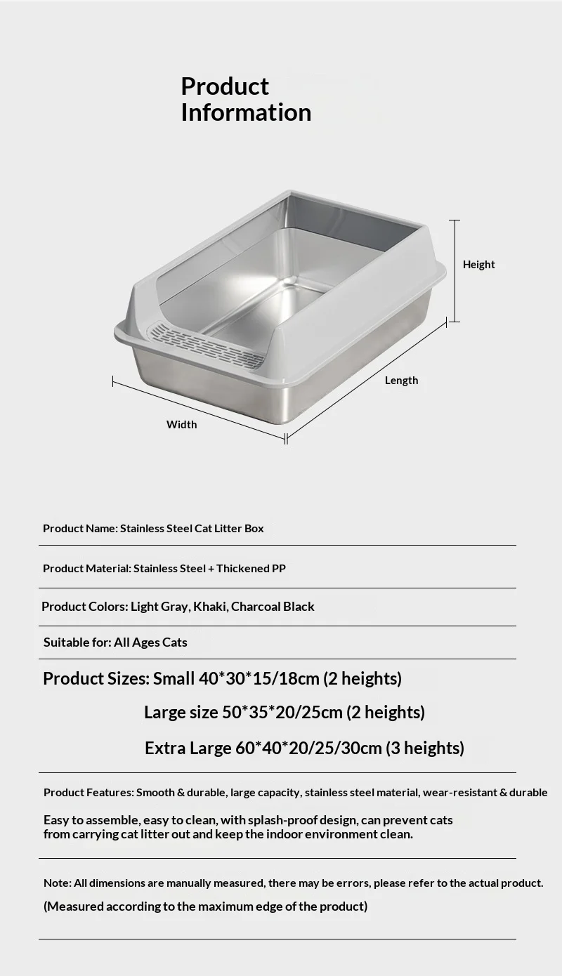 Stainless Steel Semi-closed Rectangular Cat Litter Box with Top-in Lid Anti-splash High Fence Pet Cleaning