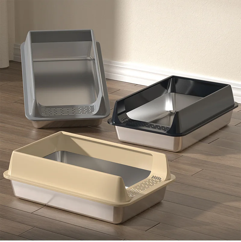 Stainless Steel Semi-closed Rectangular Cat Litter Box with Top-in Lid Anti-splash High Fence Pet Cleaning