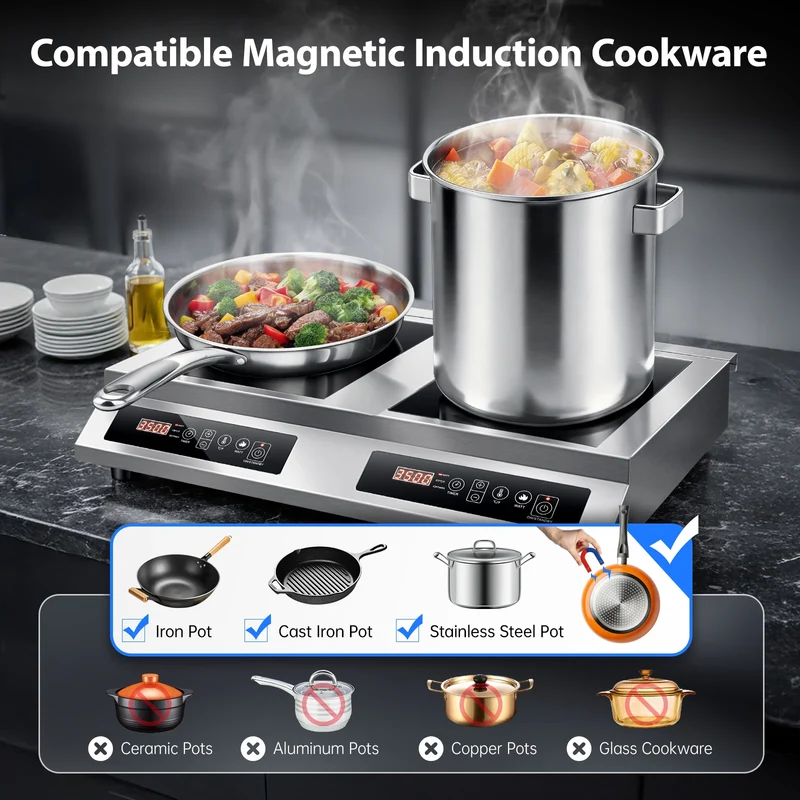 Commercial Induction Cooktop,7000W Double Burners Commercial Induction Cooker,Soft Touch Control ,Four Digital Display