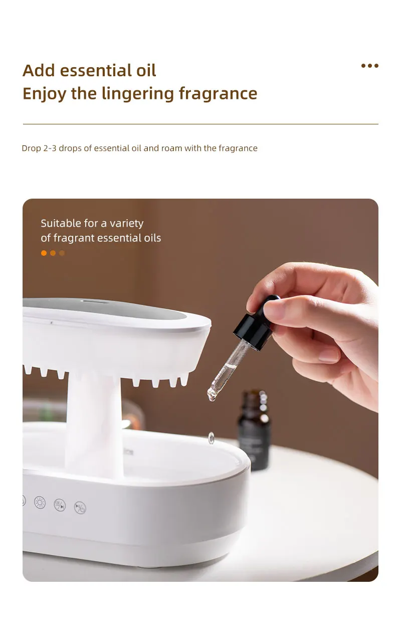 Smart Mini Ultrasonic Humidifier Cool Mist White Noise Portable Oil Aroma Diffuser for Hotel Household Use Rain Drop Essential