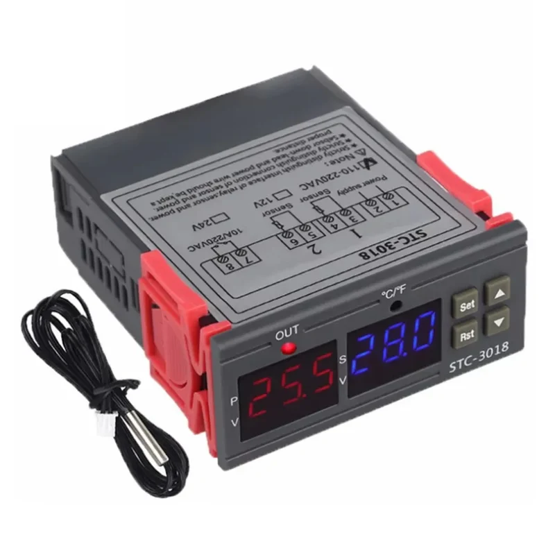 STC-3018 Digital LED Display Thermostat Temperature Controller, Dual Display, Heating/Cooling Thermoregulator NTC Sensor Probe