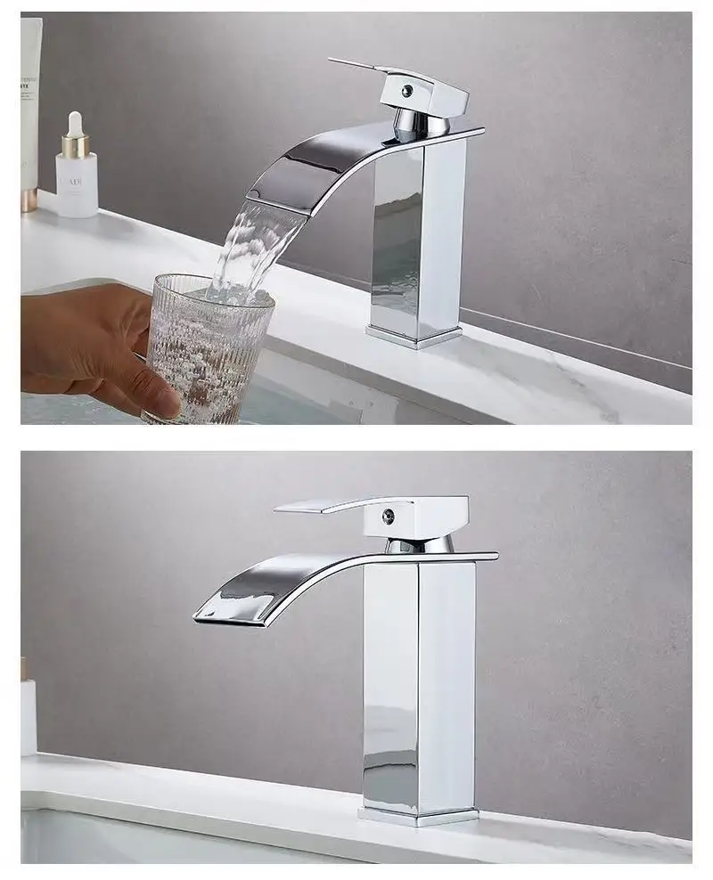 Hot Sale Single Hole Deck Mounted Wash Basin Faucet Modern Flat Mouth Waterfall Hot Cold Water Bathroom Faucet
