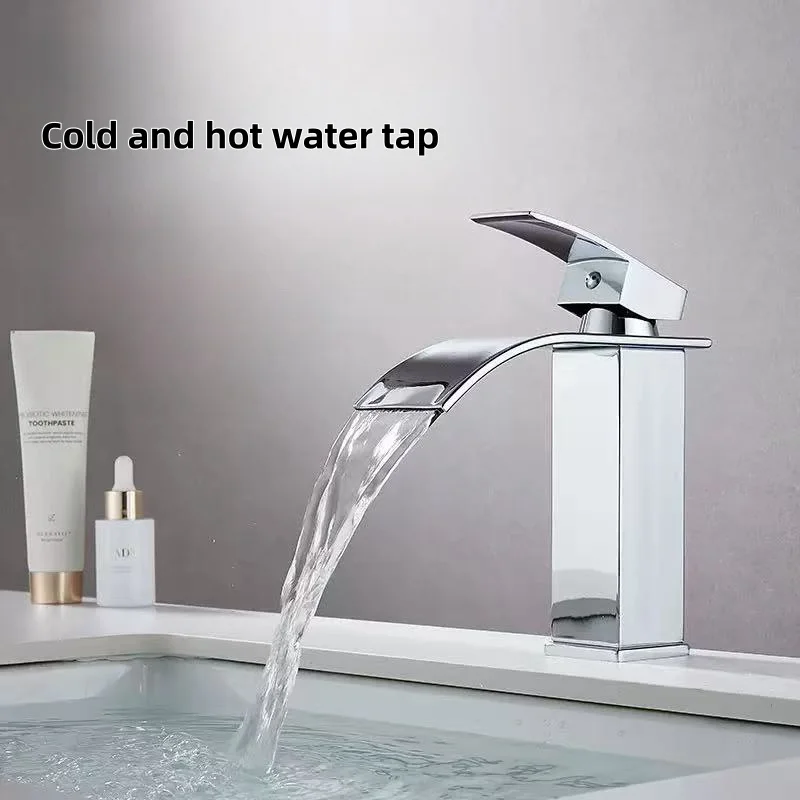 Hot Sale Single Hole Deck Mounted Wash Basin Faucet Modern Flat Mouth Waterfall Hot Cold Water Bathroom Faucet