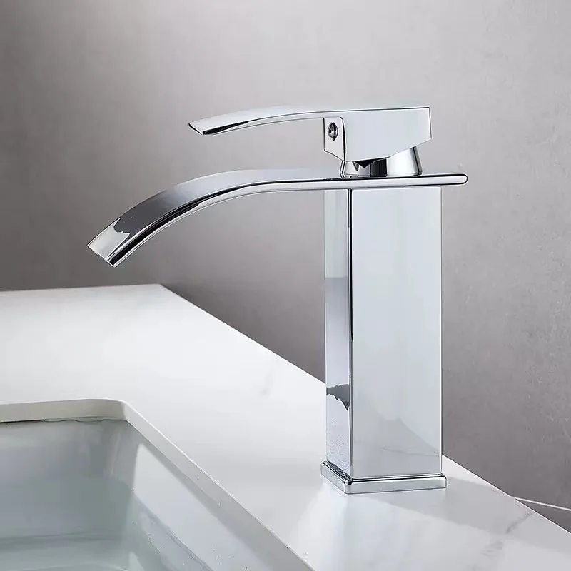 Hot Sale Single Hole Deck Mounted Wash Basin Faucet Modern Flat Mouth Waterfall Hot Cold Water Bathroom Faucet