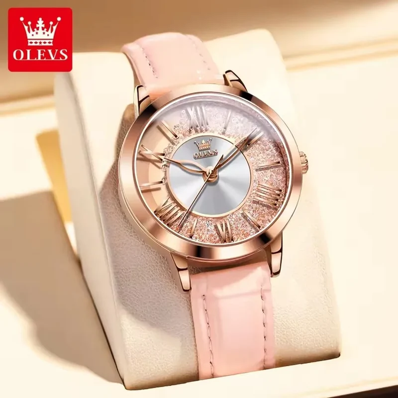 OLEVS 5539 Elegant Fashion Women's Watches Flowing Sand Ice Crystal Dial Quartz Watch Waterproof Leather Strap Lady Wristwatch