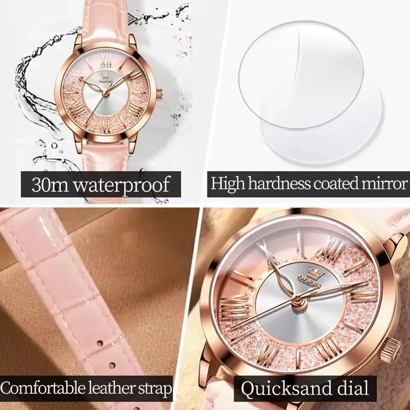 OLEVS 5539 Elegant Fashion Women's Watches Flowing Sand Ice Crystal Dial Quartz Watch Waterproof Leather Strap Lady Wristwatch