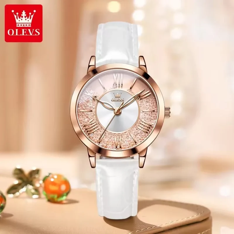 OLEVS 5539 Elegant Fashion Women's Watches Flowing Sand Ice Crystal Dial Quartz Watch Waterproof Leather Strap Lady Wristwatch