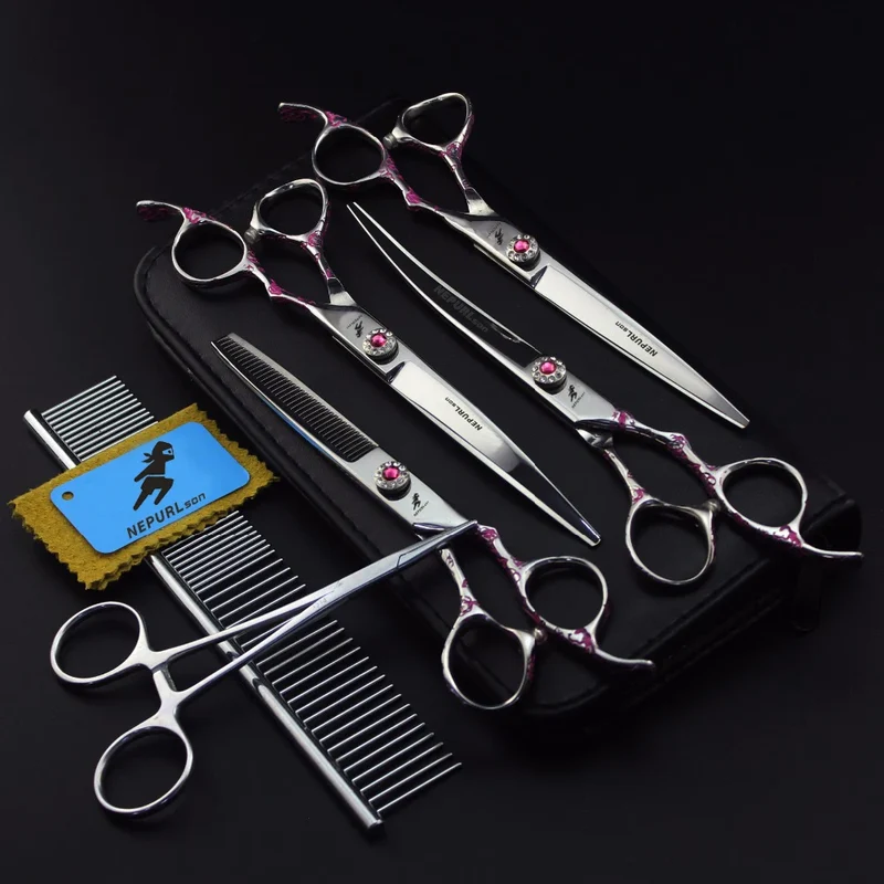 7.0 Inch Pink plum Handle Veterinary Animal Shaped Scissors Pet Grooming Scissors Pet Fishbone Teeth 5 Scissors Set PTS-114