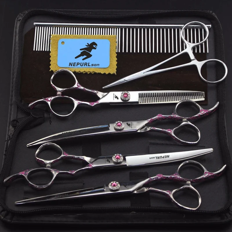7.0 Inch Pink plum Handle Veterinary Animal Shaped Scissors Pet Grooming Scissors Pet Fishbone Teeth 5 Scissors Set PTS-114