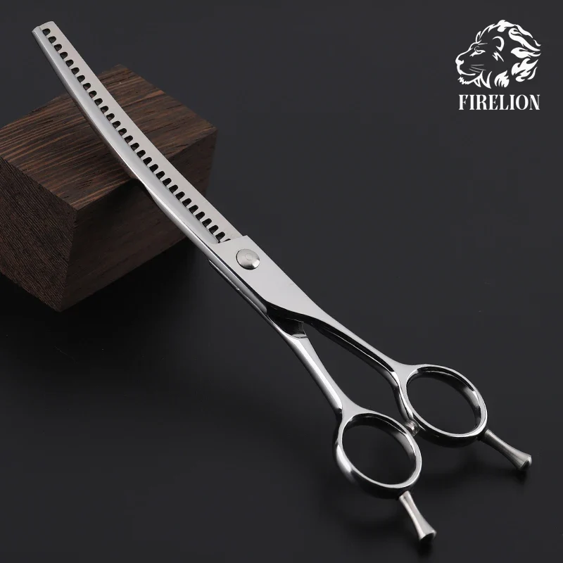FIRELION 7.5 Inch High Quality Profession Pet Grooming Scissors Dog Chunker Shark Teeth Curved Thinning Scissors